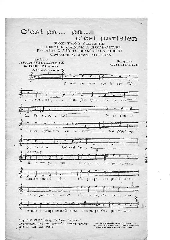 télécharger la partition d'accordéon C'est Pa Pa c'est Parisien (Du Film : La bande à Bouboule) (Chant : Georges Milton) (Fox Trot Chanté) au format PDF