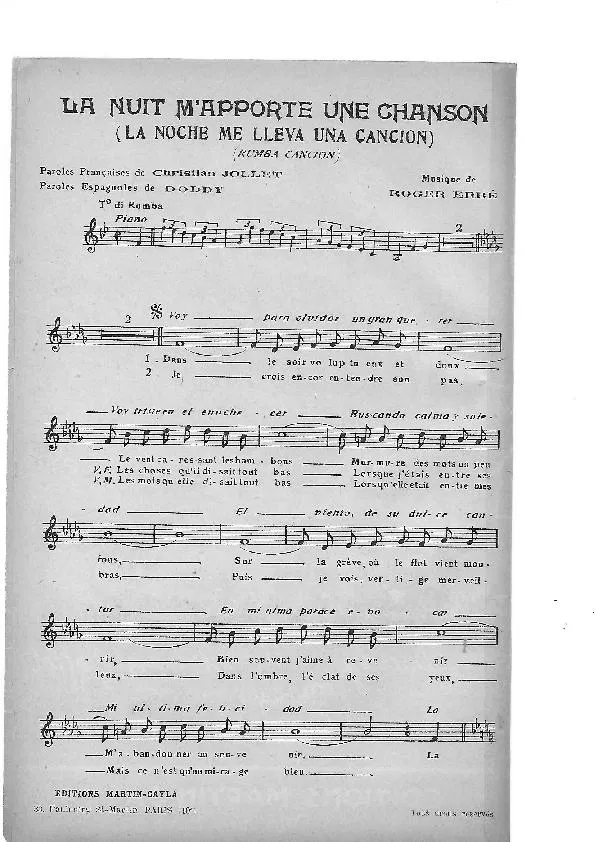 télécharger la partition d'accordéon La nuit m'apporte une chanson (La noche me lleva una cancion ) (Rumba Chantée) au format PDF
