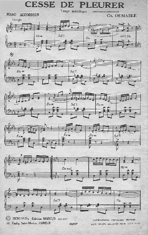 télécharger la partition d'accordéon Cesse de pleurer (Tango Mélodique) au format PDF