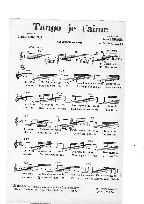 télécharger la partition d'accordéon Tango je t'aime (Orchestration) au format PDF