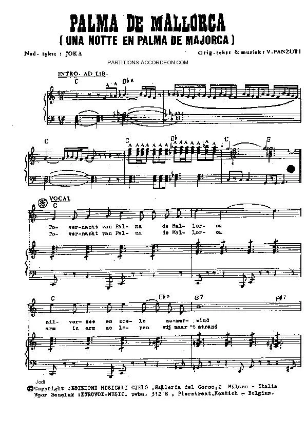 télécharger la partition d'accordéon Palma de Mallorca (Una notte en Palma de Majorca) (Slow Rock) au format PDF