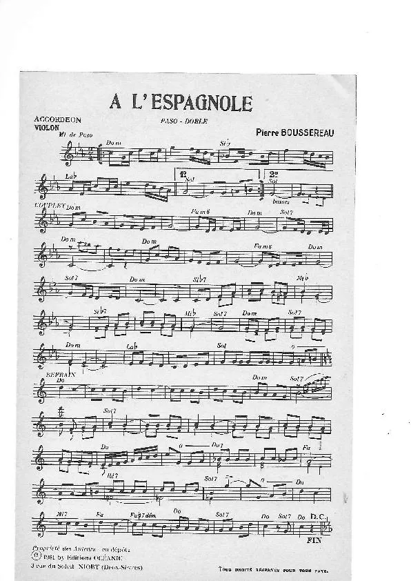 télécharger la partition d'accordéon A l'Espagnole (Crée par : Jean Ségurel / Mario Monaco) (Paso Doble)  au format PDF