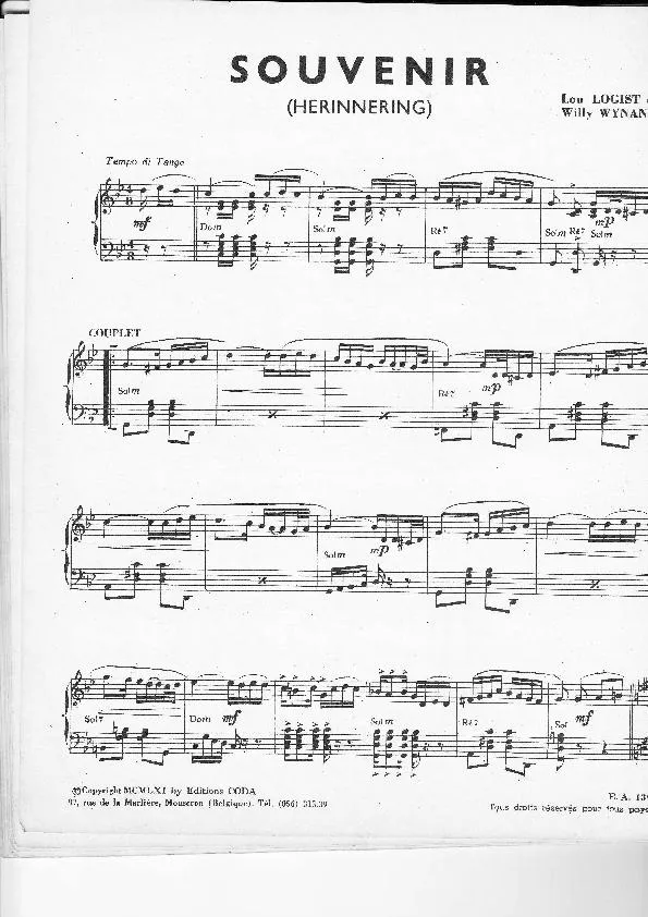 télécharger la partition d'accordéon Souvenir (Herinnering) (Tango) au format PDF