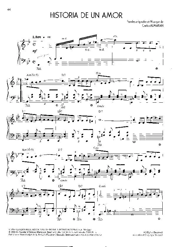 télécharger la partition d'accordéon Historia de un amor (Histoire d'un amour) (Chant : Dalida / André Claveau / Luis Mariano) (Boléro) au format PDF