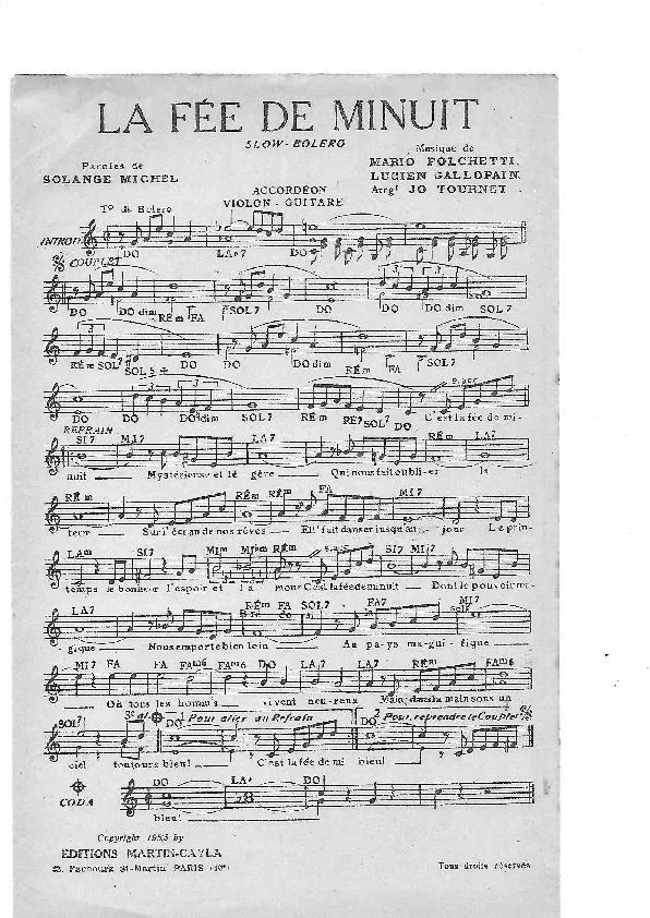 télécharger la partition d'accordéon La fée de minuit (Arrangement : Jo Tournet) (Créé par : Aimable / André Verchuren / Maurice Larcange) (Slow Boléro)  au format PDF