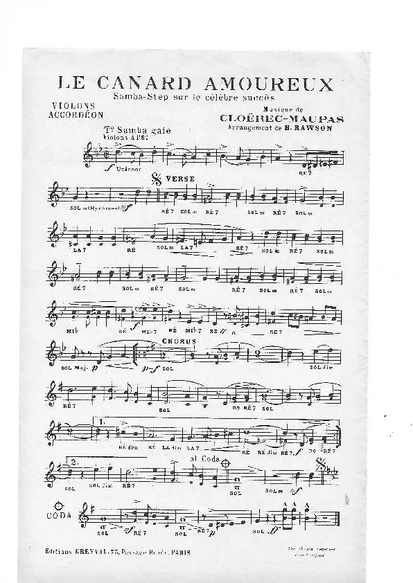 télécharger la partition d'accordéon Le canard amoureux (Arrangement : Henri Rawson) (Créée par : Emile Prud'Homme / Robert Monédière / Etienne Lorin / Jean Ségurel / Albert Deprince) (Samba) au format PDF