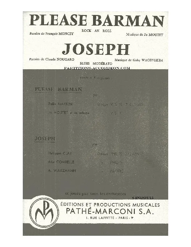télécharger la partition d'accordéon Joseph (Enregistré par : Philippe Clay / Alix Cambelle / Adolfo Waitzmann) (Orchestration Complète) (Blues) au format PDF