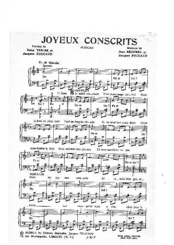 télécharger la partition d'accordéon Joyeux Conscrits (Créée par : Jean Ségurel / André Verchuren / Aimable) (Marche) au format PDF