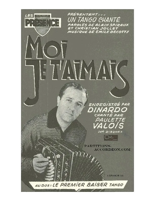 télécharger la partition d'accordéon Moi je t'aimais (Enregistré par : Jean Dinardo / Paulette Valois) (Orchestration) (Tango) au format PDF