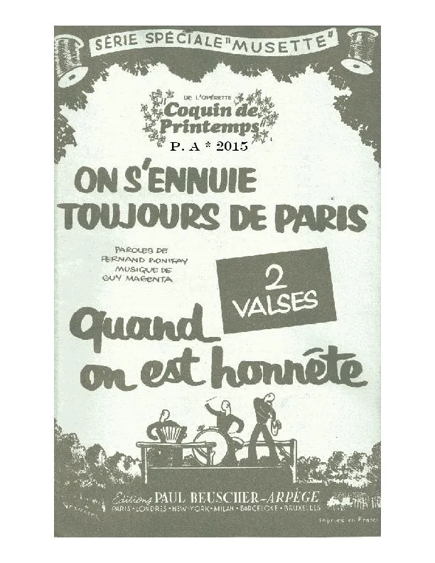 télécharger la partition d'accordéon On s'ennuie toujours de Paris (De l'Opérette : Coquin de printemps) (Orchestration) (Valse) au format PDF