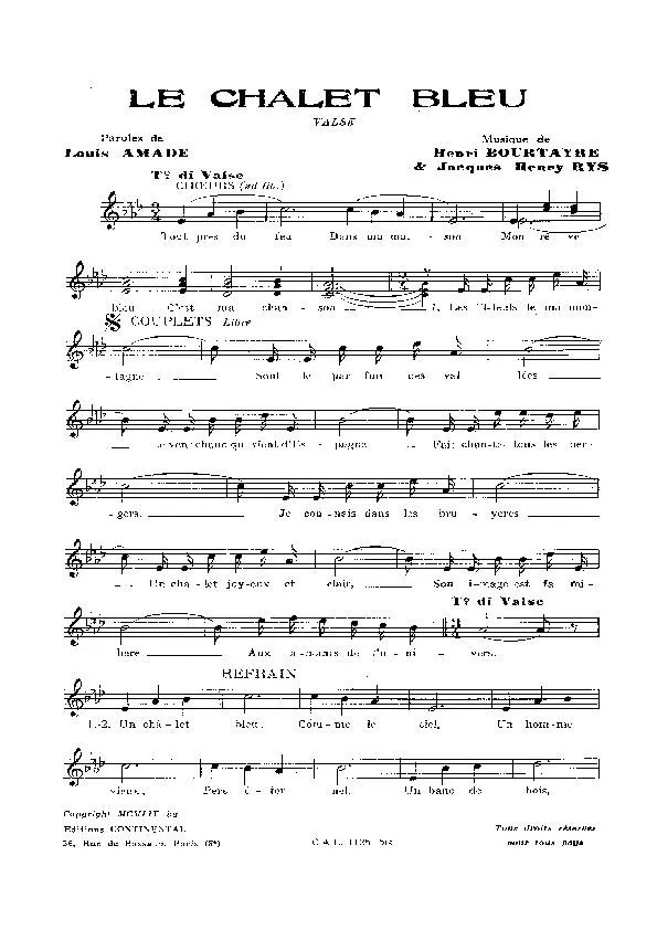 télécharger la partition d'accordéon Le chalet bleu (Chant : Luis Mariano) (Enregistré par : Emile Prud'Homme) (Valse) au format PDF
