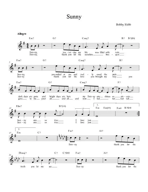 télécharger la partition d'accordéon Sunny (Chant : Boney M) au format PDF