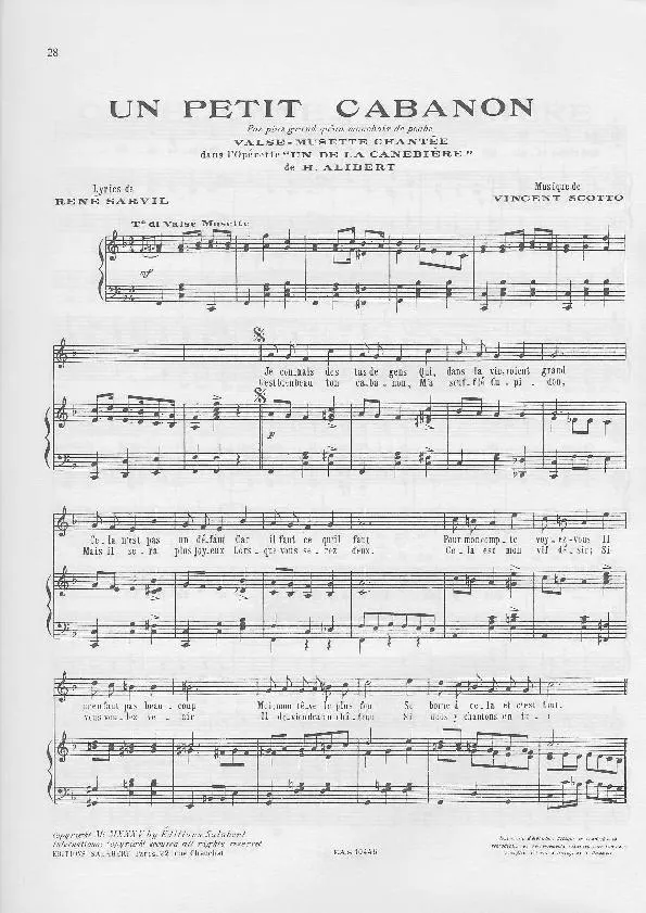 télécharger la partition d'accordéon Un petit cabanon (De l'Opérette : Un de la Canebière) (Chant : Henri Alibert) (Valse Musette Chantée) au format PDF