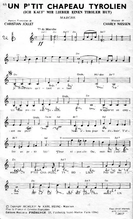 télécharger la partition d'accordéon Un p'tit chapeau Tyrolien (Ich kauf' mir lieber einen tiroler Hut) (Chant : Charlotte Julian) (Marche) au format PDF