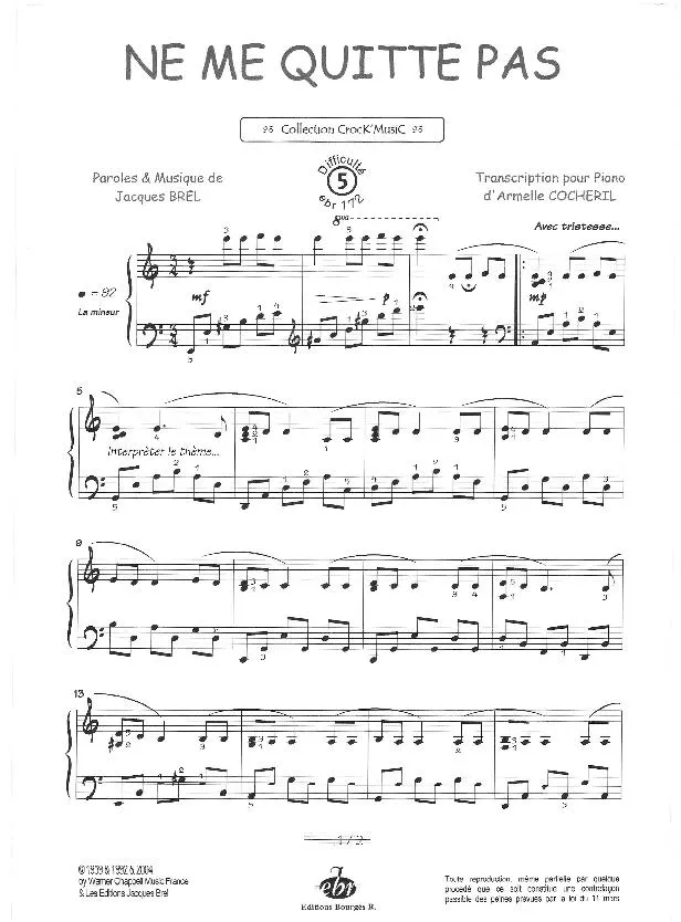 télécharger la partition d'accordéon Ne me quitte pas (Transcription pour Piano d'Armelle Cocheril) au format PDF