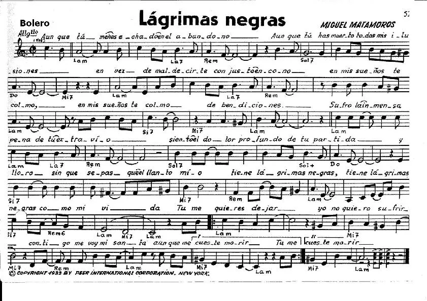 télécharger la partition d'accordéon Lagrimas Negras      (Boléro) au format PDF