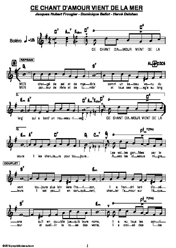 télécharger la partition d'accordéon Ce chant d'amour vient de la mer (Boléro Chanté) au format PDF