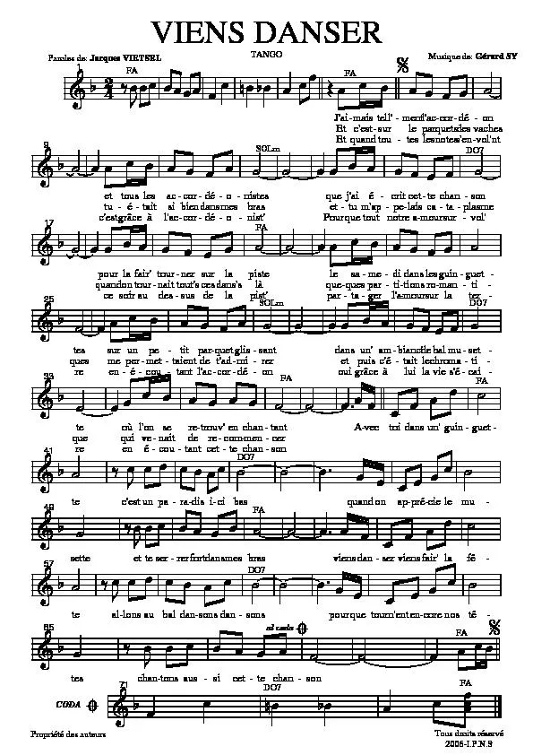 télécharger la partition d'accordéon Viens danser (Tango) au format PDF
