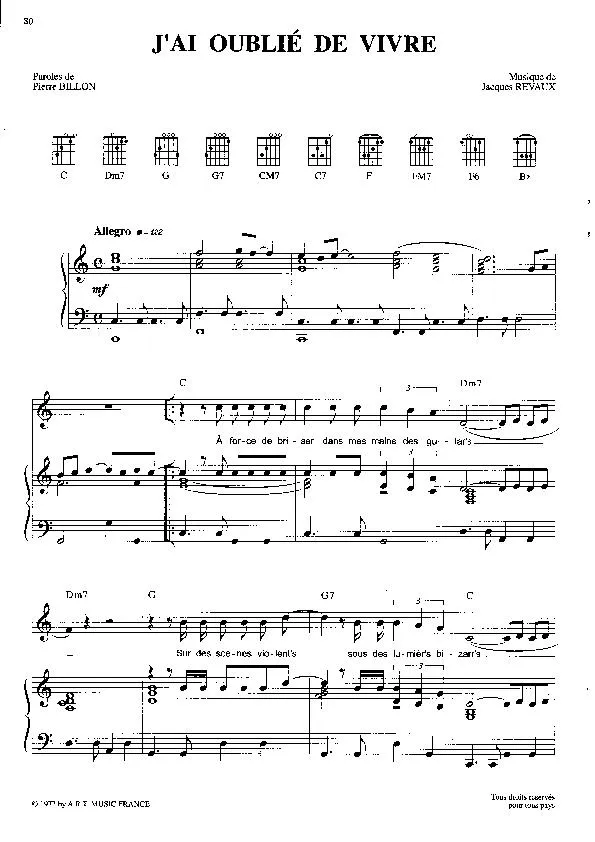 télécharger la partition d'accordéon J'ai oublié de vivre (Chant : Johnny Hallyday) (Pop Rock) au format PDF