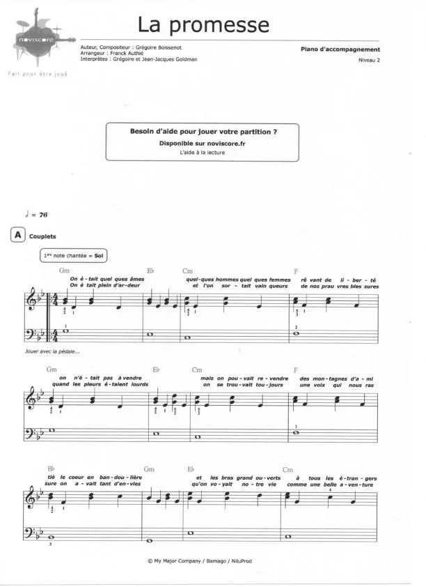 télécharger la partition d'accordéon La promesse (Arrangeur : Franck Authié) (Interprètes : Grégoire et Jean-Jacques Goldman) (Partition Piano)  au format PDF