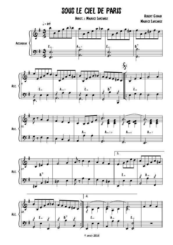 télécharger la partition d'accordéon Sous le Ciel de Paris (Arrangement : Maurice Larcange) au format PDF