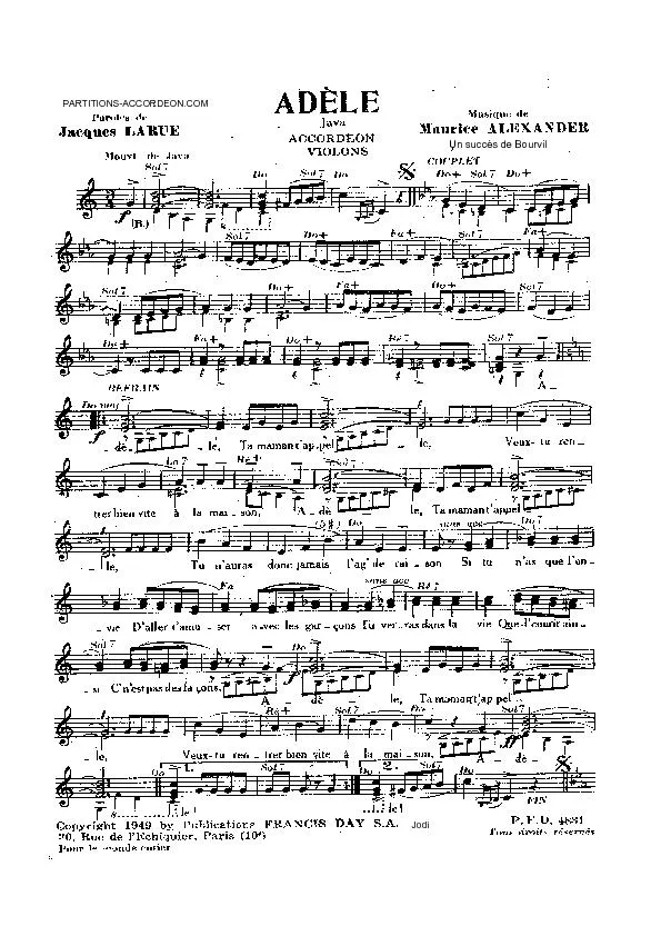 télécharger la partition d'accordéon Adèle (Chant : Bourvil) (Java) au format PDF
