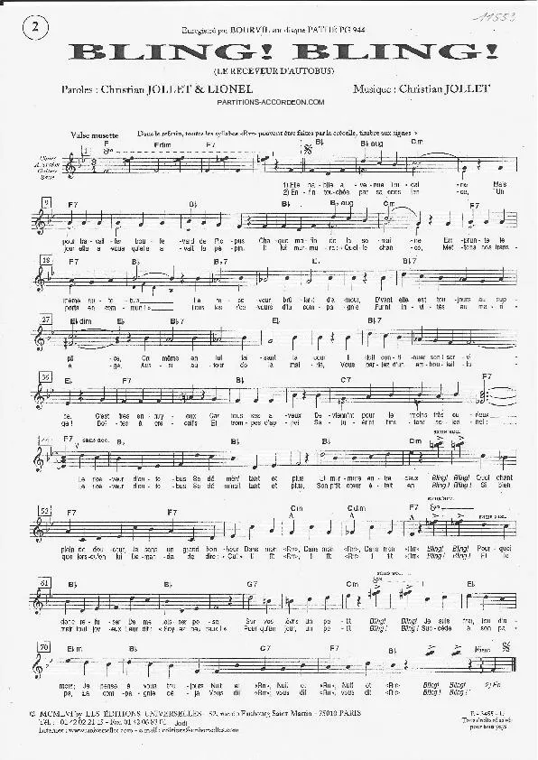 télécharger la partition d'accordéon Bling Bling (Le receveur d'autobus) (Chant : Bourvil) (Valse Musette) au format PDF