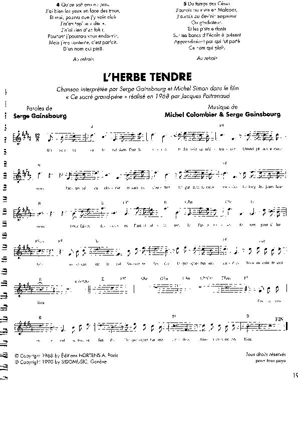 télécharger la partition d'accordéon L'herbe tendre (Du Film : Sacré Grand-Père) au format PDF