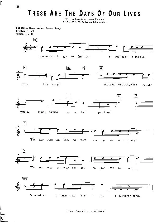 télécharger la partition d'accordéon These are the days of our lives (Interprètes : Queen) (Slow) au format PDF