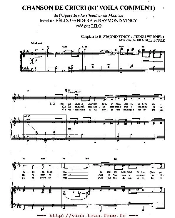télécharger la partition d'accordéon Chanson de Cricri (Et voilà comment) (De l'Opérette : Le chanteur de Mexico) (Livret de Félix Gandera et Raymond Vincy) (Chant : Lilo) au format PDF