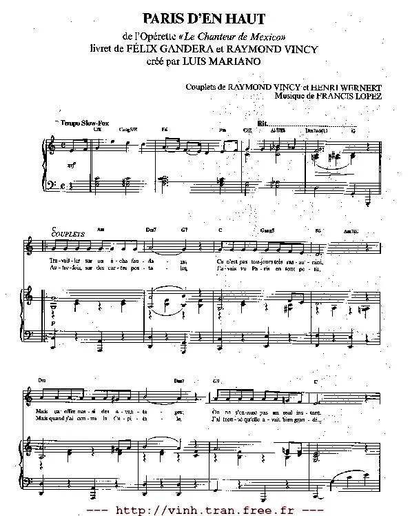 télécharger la partition d'accordéon Paris d'en haut (De l'opérette : Le chanteur de Mexico) (Livret de Félix Gandera et Raymond Vincy) (Chant : Luis Mariano) au format PDF