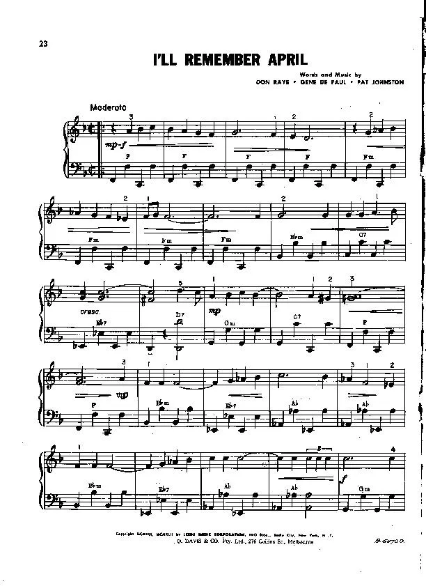 télécharger la partition d'accordéon I'll remember April (Chant : Frank Sinatra) (Slow) au format PDF