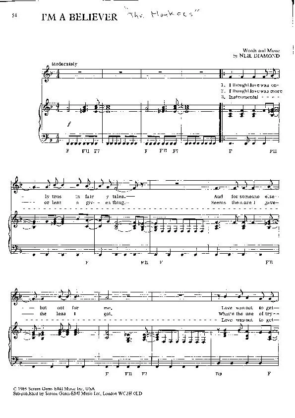 télécharger la partition d'accordéon I'm a believer (Interprètes : The Monkees) (Swing) au format PDF