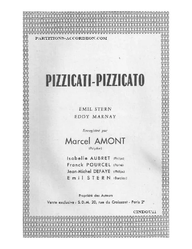 télécharger la partition d'accordéon Pizzicati Pizzicato (Chant : Marcel Amont / Isabelle Aubret / Franck Pourcel / Jean-Michel Defaye) (Orchestration) (Fox Novelty) au format PDF