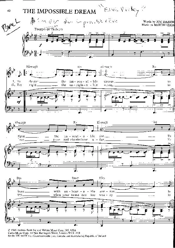 télécharger la partition d'accordéon The impossible dream (Chant : Elvis Presley) (Slow Rock) au format PDF