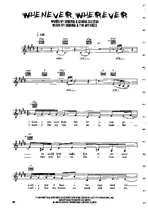 télécharger la partition d'accordéon Whenever Wherever (Chant : Shakira) (Cumbia) au format PDF