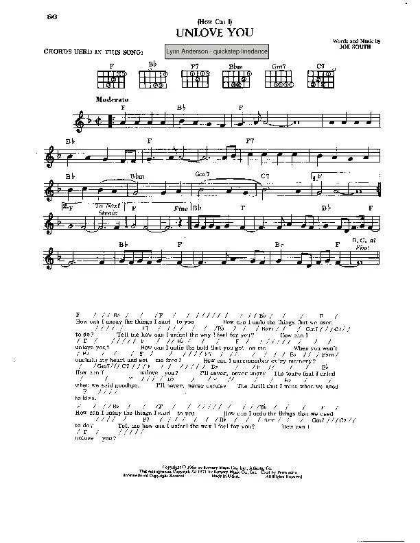 télécharger la partition d'accordéon (How can I) Unlove you (Chant : Lynn Anderson) (Quickstep Linedance) au format PDF