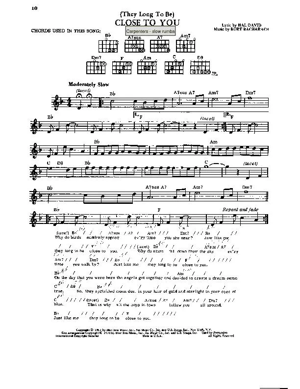 télécharger la partition d'accordéon (They long to be) Close to you (Interprètes : Carpenters) (Slow Rumba) au format PDF