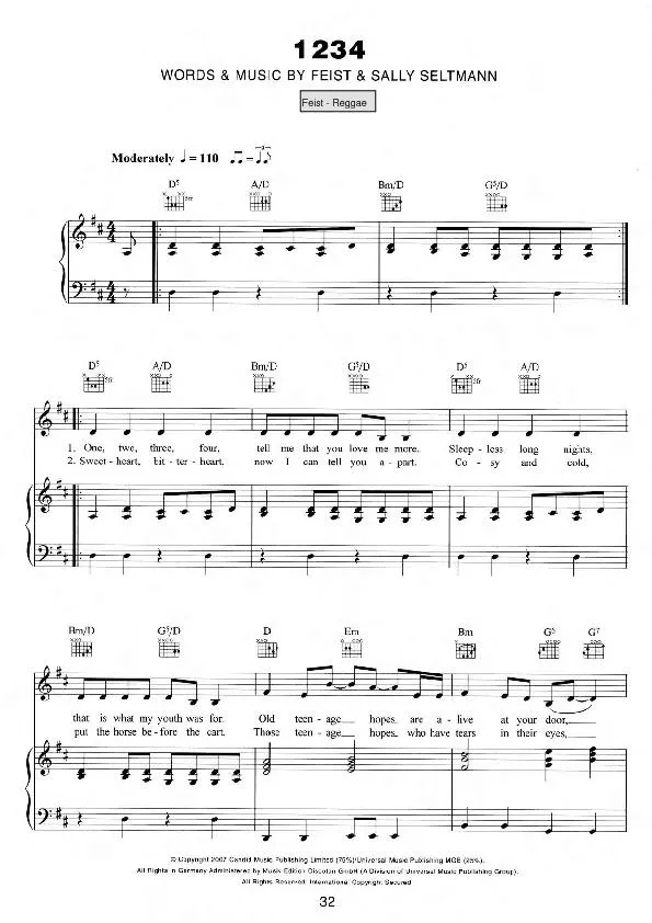 télécharger la partition d'accordéon 1 2 3 4 (Chant : Feist) (Reggae) au format PDF