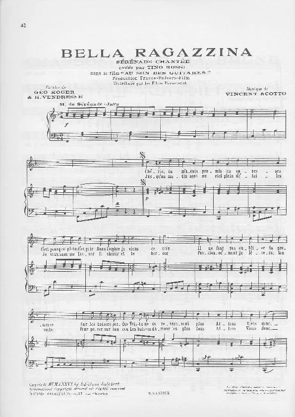 télécharger la partition d'accordéon Bella Ragazzina (Dans le film : Au son des guitares) (Chant : Tino Rossi) (Sérénade-Java) au format PDF