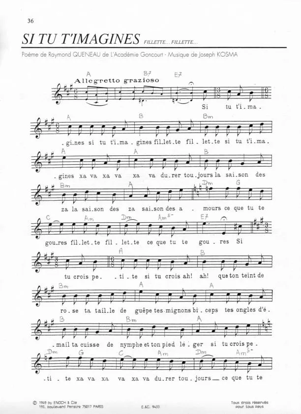 télécharger la partition d'accordéon Si tu t'imagines (Fillette Fillette) (Chant : Juliette Gréco)  au format PDF