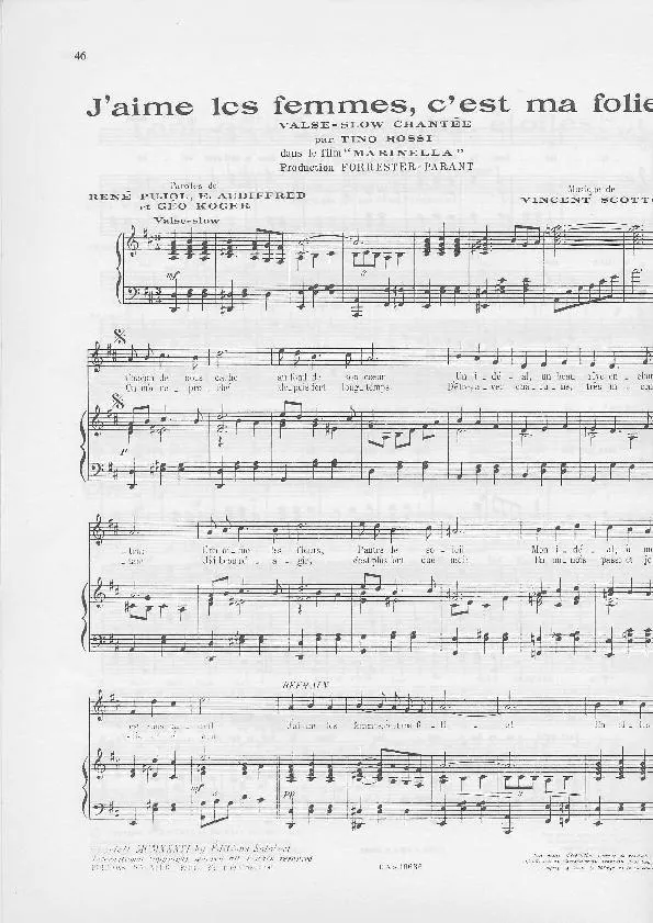 télécharger la partition d'accordéon J'aime les femmes C'est ma folie (Dans le Film : Marinella) (Chant : Tino Rossi) (Valse-Slow) au format PDF