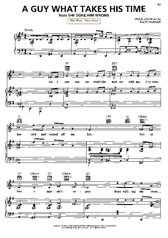 télécharger la partition d'accordéon A guy what takes his time (Du Film : She done him wrong) (Chant : Mae West) (Slow Blues) au format PDF