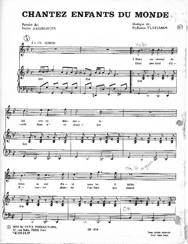 télécharger la partition d'accordéon Chantez enfants du monde (Chant : Demis Roussos) (Disco) au format PDF