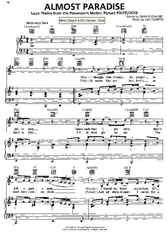 télécharger la partition d'accordéon Almost Paradise (Du Film : Footloose) (Chant : Merry Clayton and Eric Carmen) (Slow) au format PDF
