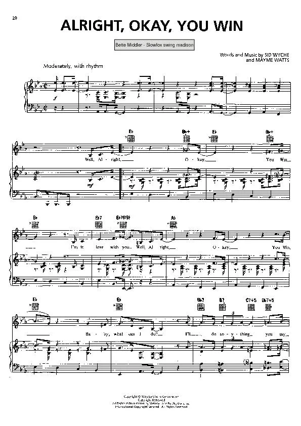 télécharger la partition d'accordéon Alright Okay You win (Chant : Bette Middler) (Swing Madison) au format PDF