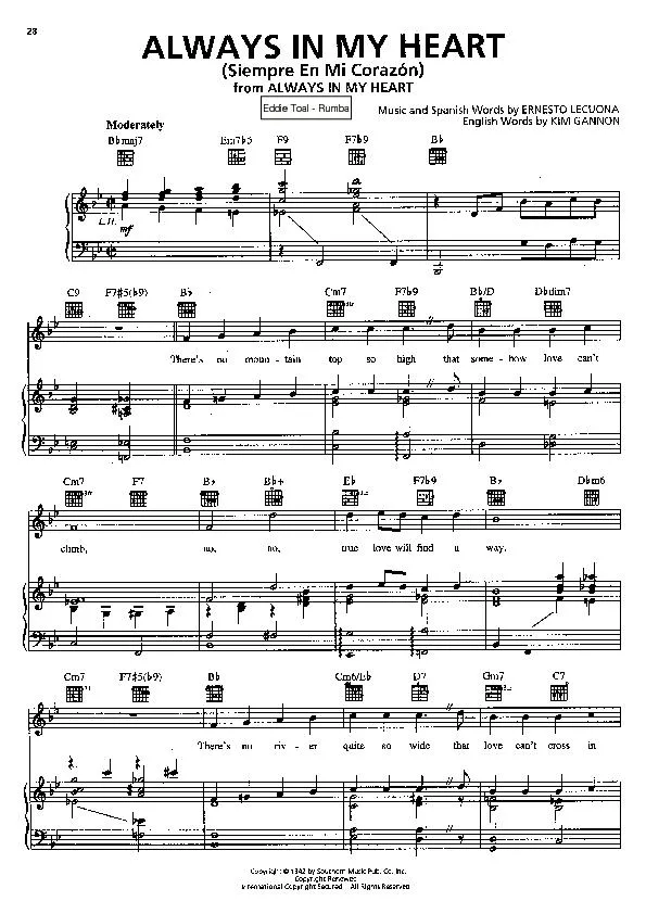 télécharger la partition d'accordéon Always in my heart (Siempre en mi cprazon) (Du Film : Always in my heart) (Chant : Eddie Toal) (Rumba) au format PDF