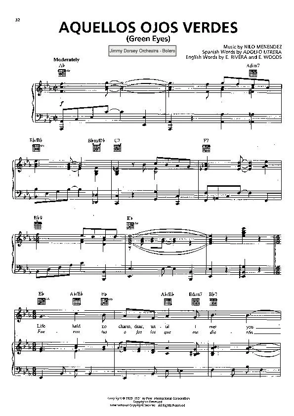 télécharger la partition d'accordéon Aquellos ojos verdes (Green eyes) (Interprètes : Jimmy Dorsey Orchestre) (Boléro) au format PDF