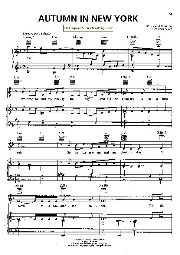 télécharger la partition d'accordéon Autumn in New York (Chant : Ella Fitzgerald / Louis Armstrong) (Slow) au format PDF