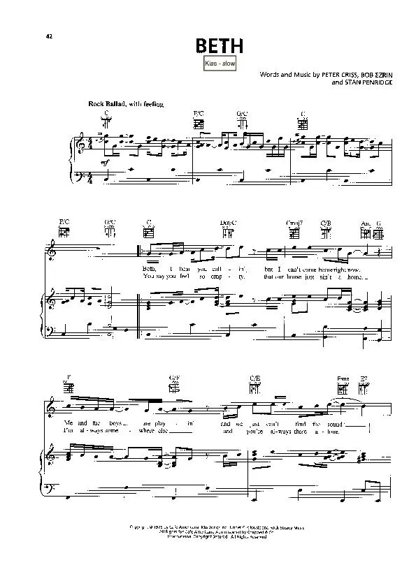 télécharger la partition d'accordéon Beth (Interprètes : Kiss) (Slow) au format PDF